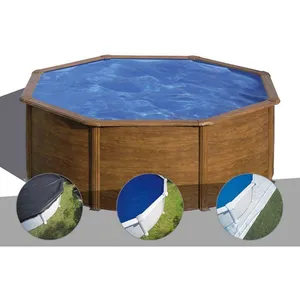 Comparateur de prix : GRE Kit piscine acier aspect bois Gré Pacific ronde 3,70 x 1,22 m + Bâche d'hivernage + Bâche à bulles + Tapis de sol