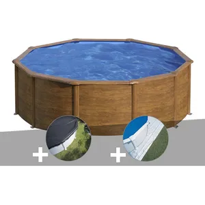 GRE Kit piscine acier aspect bois Gré Pacific ronde 4,80 x 1,22 m + Bâche d'hivernage + Tapis de sol 480,00 x 122,00 Bois pas cher