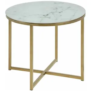 Table à café ronde effet marbre en verre et métal - Toilinux - Diam. 50 cm x H. 42 cm - Doré et blanc pas cher