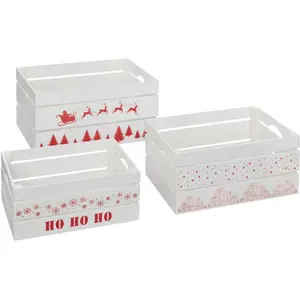 Atmosphera Lot de 3 cagettes de Noël en bois - L. 40 x P. 25 x H. 20 cm - Blanc pas cher
