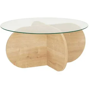 TOILINUX Table Basse Ronde Luminix En Verre Et Bois - Beige pas cher