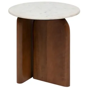 Atmosphera - Table à café ronde en marbre et bois massif NANDA - Blanc pas cher