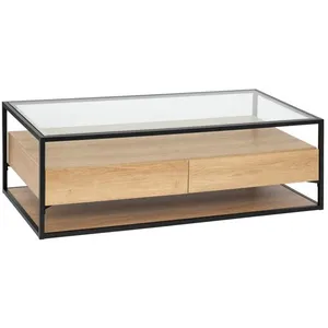 Atmosphera - Table basse 2 tiroirs effet bois et verre ALDEA - Beige pas cher