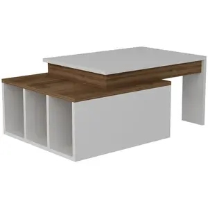 Toilinux Table basse sur 2 niveaux avec 3 niches de rangement - Blanc et Marron pas cher