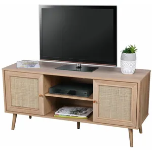 Toilinux Meuble TV - Bali - Bois contreplaqué et cannage - 2 portes - Marron pas cher