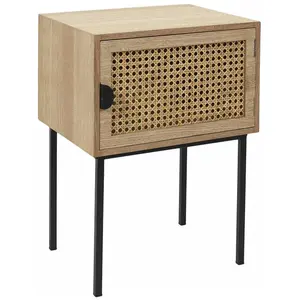 Toilinux Table de chevet en cannage - Bois et métal - Marron - Style scandinave et moderne - 1 porte de rangement pas cher
