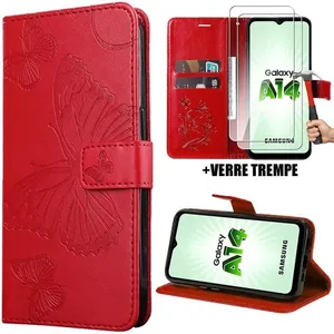 BOOLING Coque et 2 Verres Trempés pour Samsung Galaxy A14 5G-4G, Protection Rabat Antichoc Effet Cuir Rouge Motif Papillon pas cher
