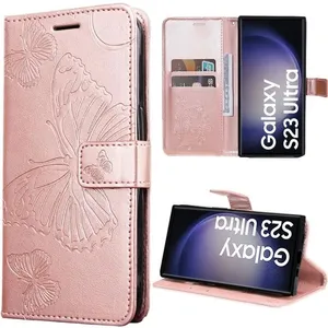 BOOLING Coque pour Samsung Galaxy S23 Ultra, Protection Antichoc Synthécuir Rose Motif Papillons (pas pour S23) pas cher