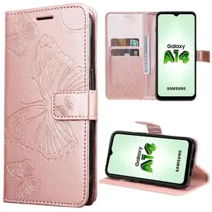 BOOLING Coque pour Samsung Galaxy A14 4G-5G, Protection Anti-Rayures Motif Papillon Effet Cuir Rose pas cher