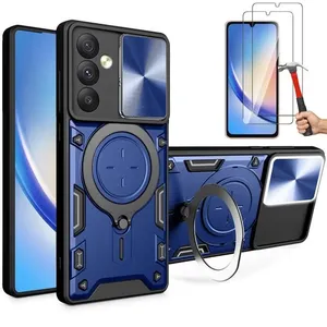 BOOLING Coque + 2 Verres Trempés pour Samsung Galaxy A34 5G, Coque avec Anneau Support Cache Caméra - Bleu Marine pas cher