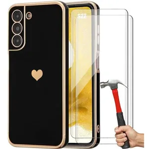 Coque de protection pour Samsung Galaxy S22 - BOOLING - Noir Motif Coeur - Protection antichoc - 2 Verres Trempés pas cher