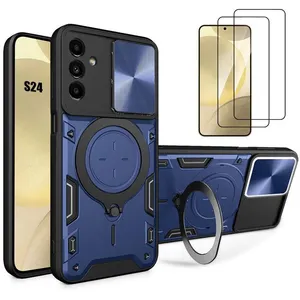 Coque pour Samsung Galaxy S24 - BOOLING - Protection avec Anneau et Couvercle Caméra - Bleu Marine - 2 Verres Trempés pas cher