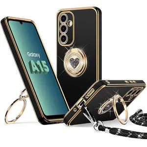 Coque pour Samsung Galaxy A15 4G/5G - BOOLING - Protection TPU avec Cordon et Anneau Brillant - Noir pas cher