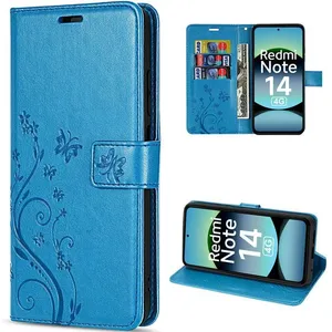 Coque pour Xiaomi Redmi Note 14 4G (pas pour 5G) Protection Rabat Antichoc Synthécuir Bleu Motif Papillon FleurVendu parcdiscount