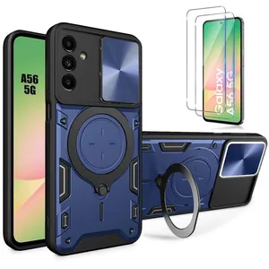 Coque pour Samsung Galaxy A56 5G - BOOLING - Bleu Marine Anneau Cache Caméra - 2 Verres Trempés pas cher