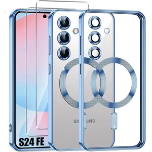 Coque pour Samsung Galaxy S24 FE - Anneau Magnétique Film Caméra 2 Verres Trempés - Bleu - BOOLING® pas cher