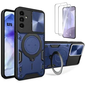 BOOLING 2 Verres Trempés + Coque pour Samsung Galaxy S25 Bleu Marine Anti-Rayure Renforcée Cache Caméra Support Anneau pas cher