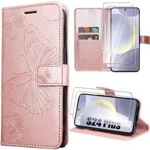 BOOLING Coque + 2 Verres Trempés pour Samsung Galaxy S24 Plus (S24+), Protection en Cuir PU à Motif Papillon - Rose pas cher