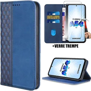 BOOLING Coque pour Samsung Galaxy A54 5G, Protection Anti-Rayures Motif Mosaïque Effet Cuir Bleu Marine + 2 Verres Trempés pas cher
