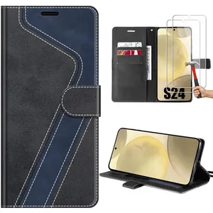 E.F.CONNECTION Coque et 2 Verres Trempés pour Samsung Galaxy S24 Anti-Rayures Cuir PU Noir-Bleu Marine Bicolore Portefeuille pas cher