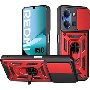 E.F.CONNECTION Coque pour Xiaomi Redmi 15C 4G/5G Protection Résistante avec Anneau et Cache Caméra Coulissant - Rouge pas cher