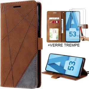 BOOLING Coque pour Samsung Galaxy A53 5G + 2 Verres Trempés, Protection Cuir PU Marron Fermeture Magnétique pas cher