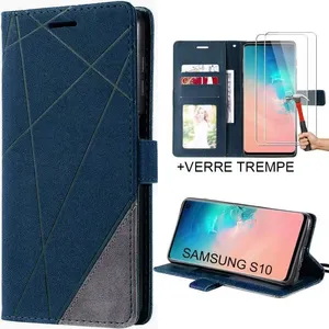 BOOLING Coque Rabat pour Samsung Galaxy S10, Protection Synthécuir Bleu Marine et 2 Verres Trempés pas cher