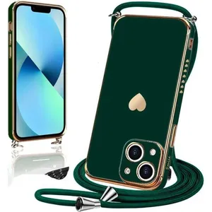 PROSHOP Coque Bandoulière - Luxe - iPhone 13 - Vert nuit - Motif coeur - Antichoc TPU Souple pas cher