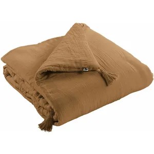 Edredon - GAIA - Camel - 150 x 150 cm - Gaze de Coton - Finition Pompo... pas cher