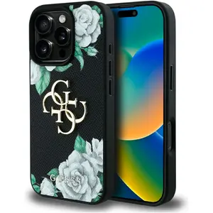Guess Case Grained Roses Big 4G logo for iPhone 16 Pro Max black (Apple iPhone 16 Pro Max), Coque pour téléphone portable, Noir pas cher