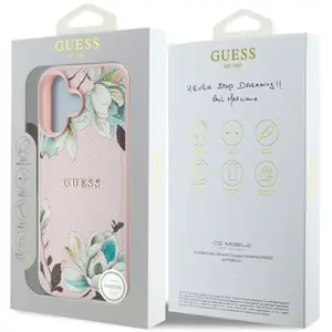 Guess Grained Printed Flower Pattern MagSafe iPhone 16 Case Pink (Appl... pas cher