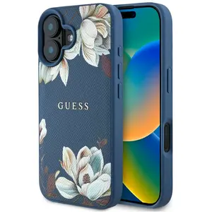 Guess Grained Printed Flower Pattern MagSafe case for iPhone 16 blue (Apple iPhone 16), Coque pour téléphone portable, Bleu pas cher