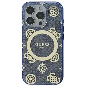 Coque pour iPhone 16 Pro - Guess IML Pivoine sur fond 4G MagSafe (GUHMP16LH4PYEEB) - Bleu pas cher