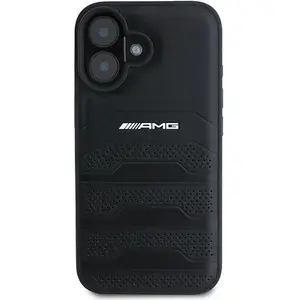 Mercedes AMG AMHCP16SGSEBK iPhone 16 6.1" zwart/zwarte hardcase Leren ingeslagen lijnen Zwart logo pas cher