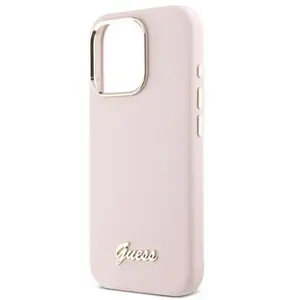 Coque pour iPhone 16 Pro - Guess Silicone Script Metal Logo & Frame (GUHCP16LSMBSLP) - Pink pas cher