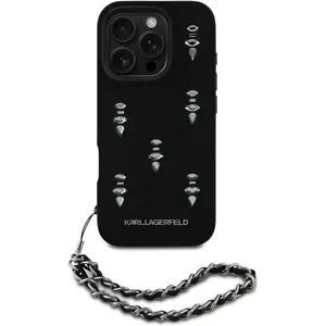 Karl Lagerfeld Case Saffiano Crystals w/Chain for iPhone 16 Pro black (Apple iPhone 16 Pro), Coque pour téléphone portable, Noir pas cher