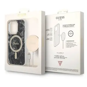 Guess Bundle Pack MagSafe IML Marble - Ensemble coque pour iPhone 14 Pro + chargeur MagSafe (Noir/Or) - 3666339103132 pas cher