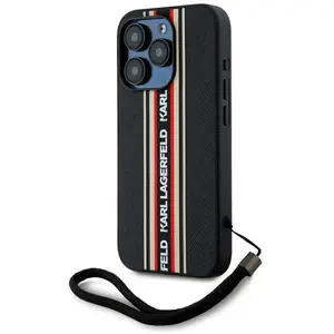 Karl Lagerfeld Case Saffiano Athleisure Stripes Cord for iPhone 15 Pro red (Apple iPhone 15 Pro), Coque pour téléphone portable, Rouge pas cher