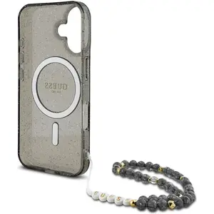 Guess MagSafe IML Glitter Case met beads strap voor de iPhone 16 - Black pas cher