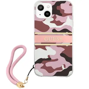 Coque pour iPhone 13 Guess, Motif Camouflage avec lanière de transport Rose pas cher