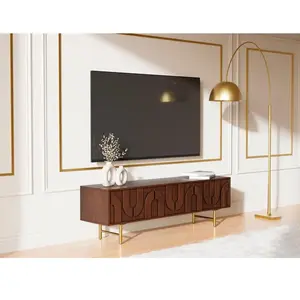 VENTE-UNIQUE Meuble TV avec 3 portes en bois de manguier et métal doré... pas cher