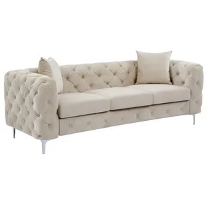 VENTE-UNIQUE Canapé 3 places chesterfield en velours beige EDWINA pas cher