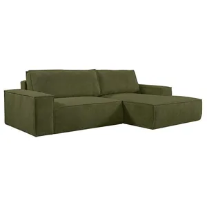 VENTE-UNIQUE Canapé d'angle droit convertible en velours côtelé vert olive AMELIA pas cher