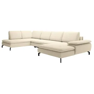 VENTE-UNIQUE Grand canapé d'angle droit panoramique convertible en tissu texturé beige ARCHIBALD pas cher