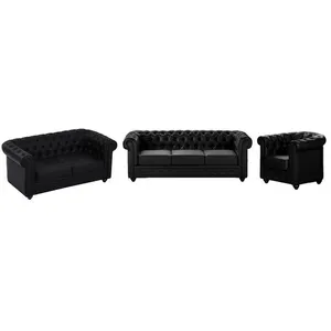 VENTE-UNIQUE Canapés 3 places, 2 places et fauteuil en simili noir CHESTERFIELD pas cher