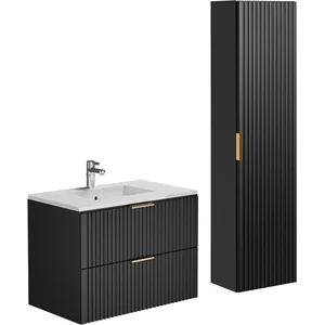 VENTE-UNIQUE Meuble de salle de bain suspendu strié avec vasque à encastrer et colonne - Noir - 80 cm - ZEVARA