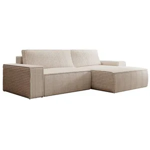 VENTE-UNIQUE Canapé d'angle droit convertible en velours côtelé grosses côtes beige AMELIA pas cher