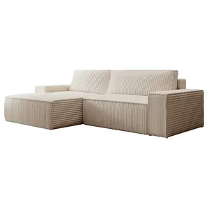 VENTE-UNIQUE Canapé d'angle gauche convertible en velours côtelé grosses côtes beige AMELIA pas cher