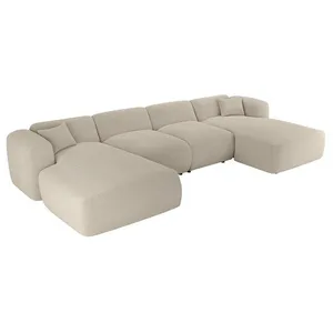 VENTE-UNIQUE Grand canapé d'angle panoramique en tissu beige POGNI de Maison Céphy pas cher