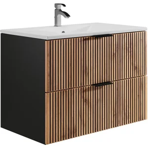 VENTE-UNIQUE Meuble de salle de bain suspendu avec vasque à encastrer - Naturel clair et noir - 80 cm - MADELA pas cher